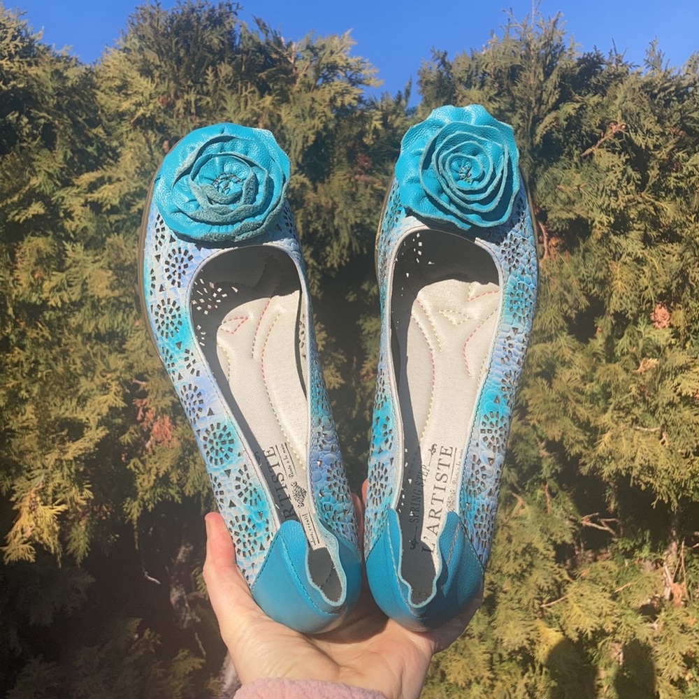 L’Artiste by Spring Step Carmelita Blue Leather Floral Pump Heel Women’s Size 41 - Picture 4 of 11